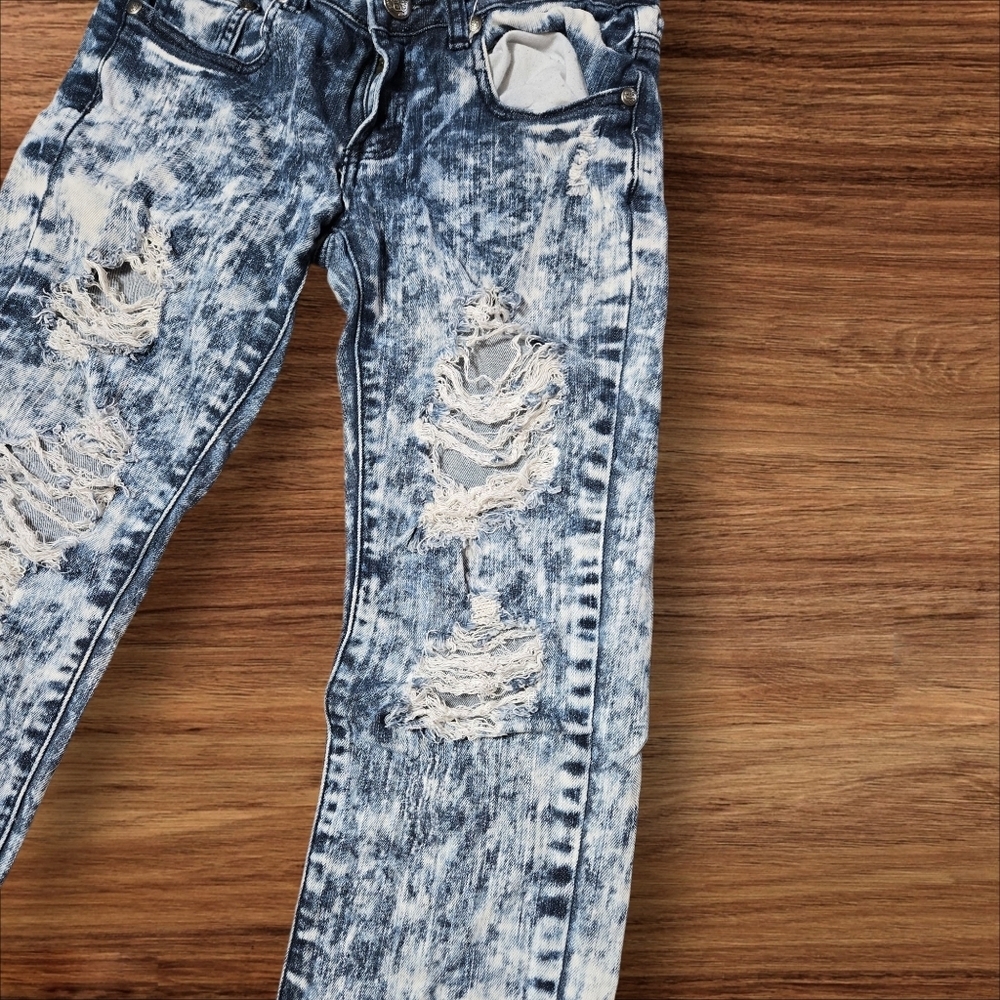 Machine Denim Disressed Acid Washed Ultra Low Rise Jeans - Picture 3 of 7